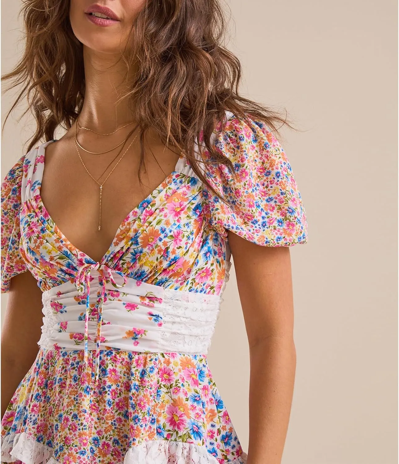 Women Floral Patchwork Mini Ruffle Dress Lace Boho Tie Back Tiered Puff Short Dresses A Line Layered Swing Dress