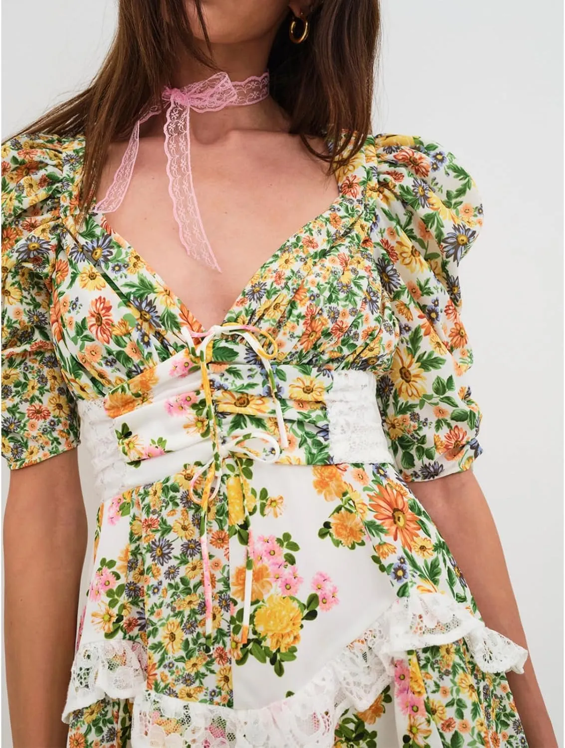 Women Floral Patchwork Mini Ruffle Dress Lace Boho Tie Back Tiered Puff Short Dresses A Line Layered Swing Dress
