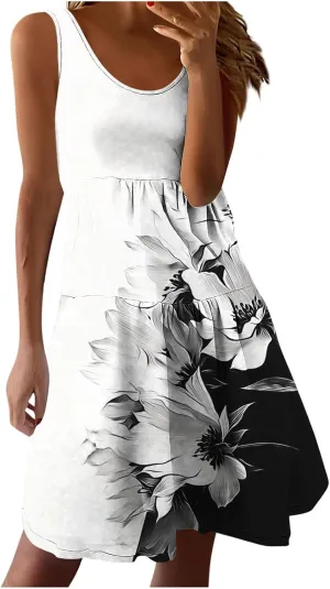Women Floral Tiered Ruffle Mini Sundress Summer Sleeveless Crewneck A-Line Dresses Flowy Casual Beach Vacation Dress