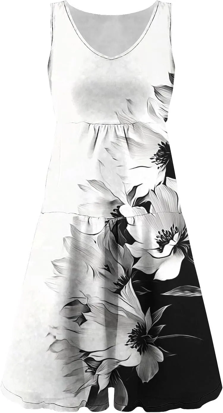 Women Floral Tiered Ruffle Mini Sundress Summer Sleeveless Crewneck A-Line Dresses Flowy Casual Beach Vacation Dress