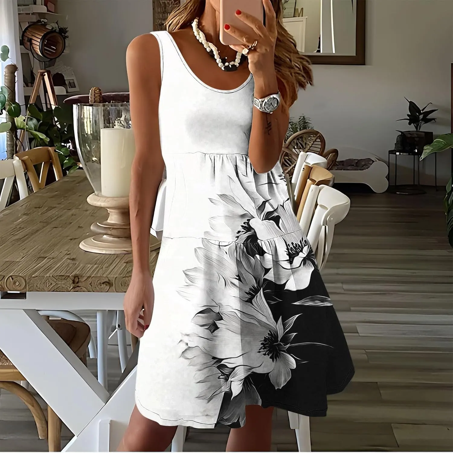 Women Floral Tiered Ruffle Mini Sundress Summer Sleeveless Crewneck A-Line Dresses Flowy Casual Beach Vacation Dress