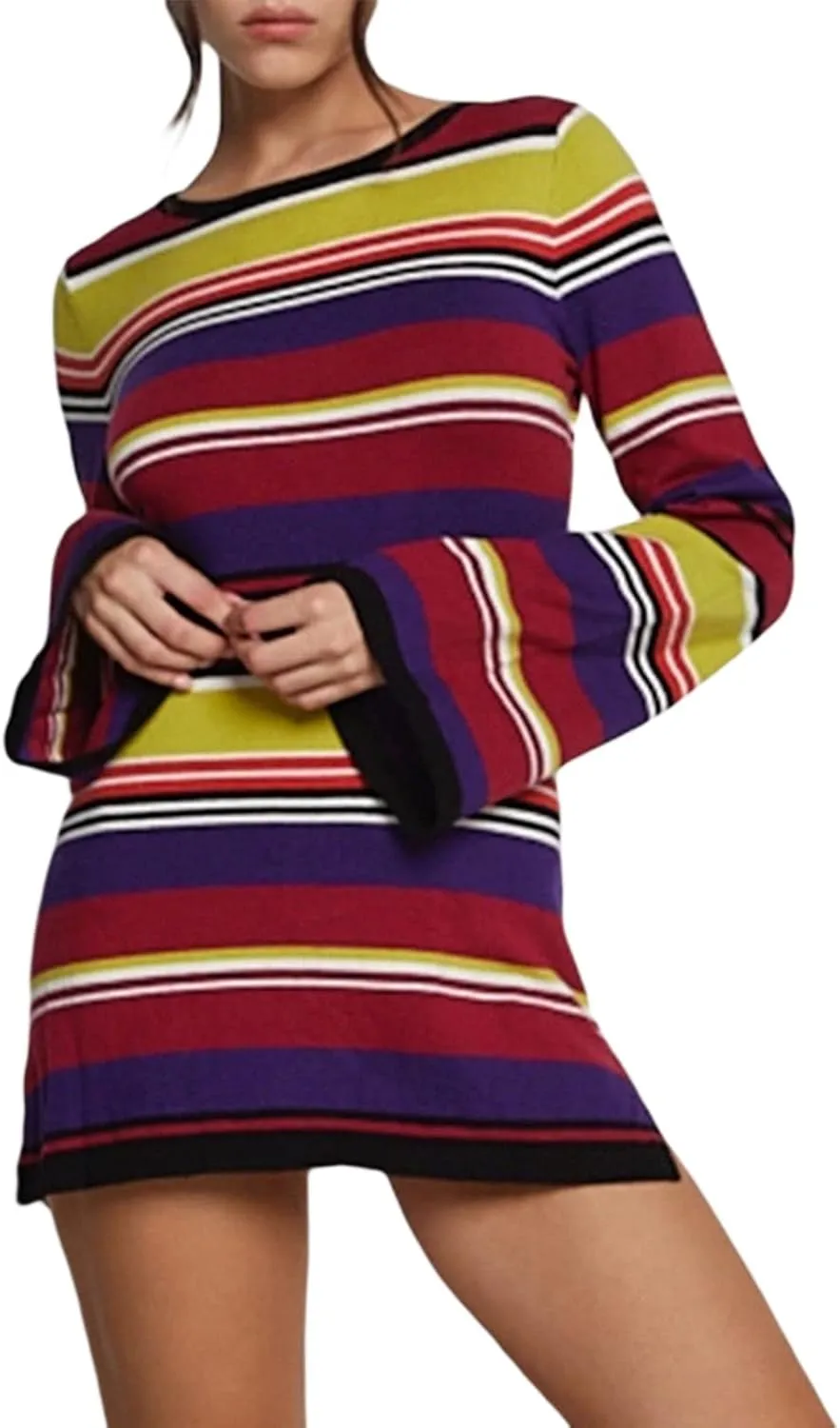 Women Knit Y2K Short Dress Crochet Knit Hollow Out Backless Dresses Stripe Drawstring Tie Up Summer Beach Sundress