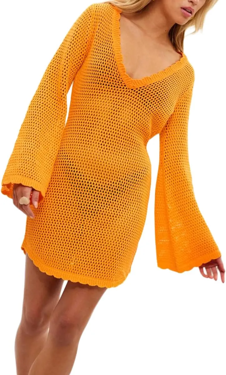 Women Knit Y2K Short Dress Crochet Knit Hollow Out Backless Dresses Stripe Drawstring Tie Up Summer Beach Sundress