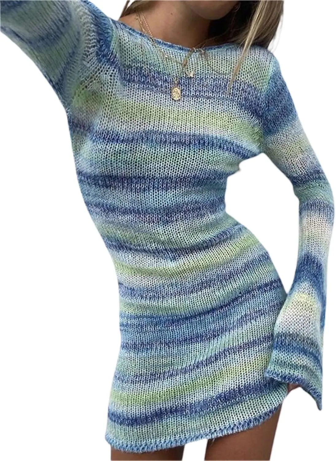 Women Knit Y2K Short Dress Crochet Knit Hollow Out Backless Dresses Stripe Drawstring Tie Up Summer Beach Sundress