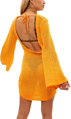 Women Knit Y2K Short Dress Crochet Knit Hollow Out Backless Dresses Stripe Drawstring Tie Up Summer Beach Sundress