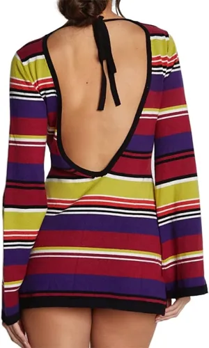 Women Knit Y2K Short Dress Crochet Knit Hollow Out Backless Dresses Stripe Drawstring Tie Up Summer Beach Sundress