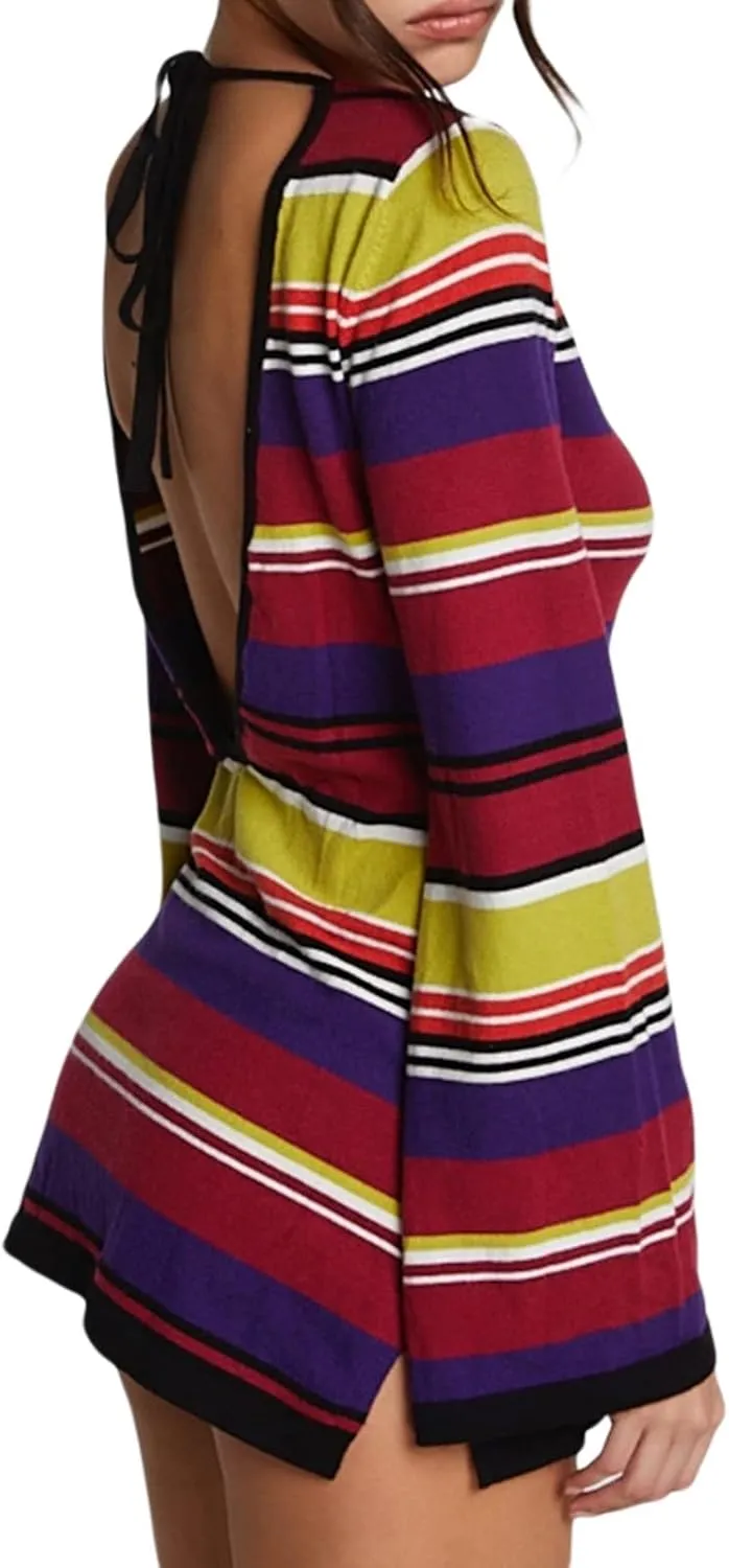 Women Knit Y2K Short Dress Crochet Knit Hollow Out Backless Dresses Stripe Drawstring Tie Up Summer Beach Sundress