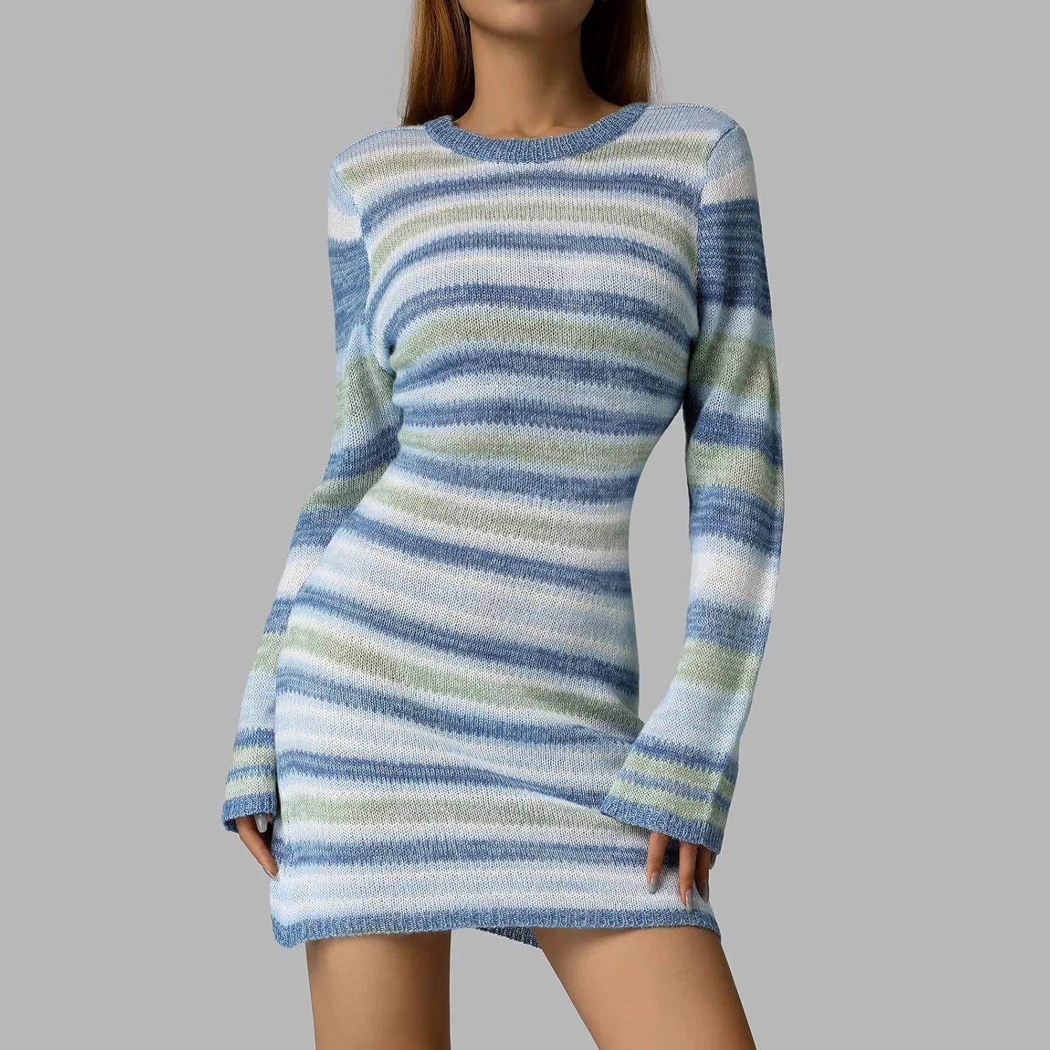 Women Knit Y2K Short Dress Crochet Knit Hollow Out Backless Dresses Stripe Drawstring Tie Up Summer Beach Sundress