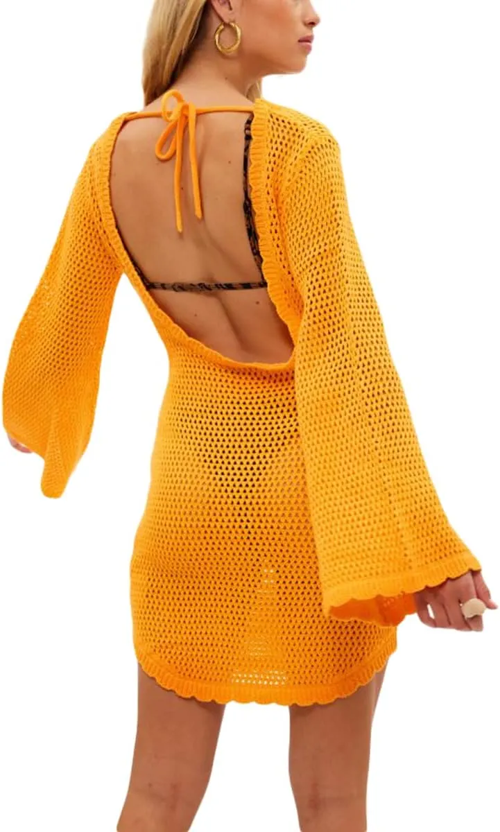 Women Knit Y2K Short Dress Crochet Knit Hollow Out Backless Dresses Stripe Drawstring Tie Up Summer Beach Sundress