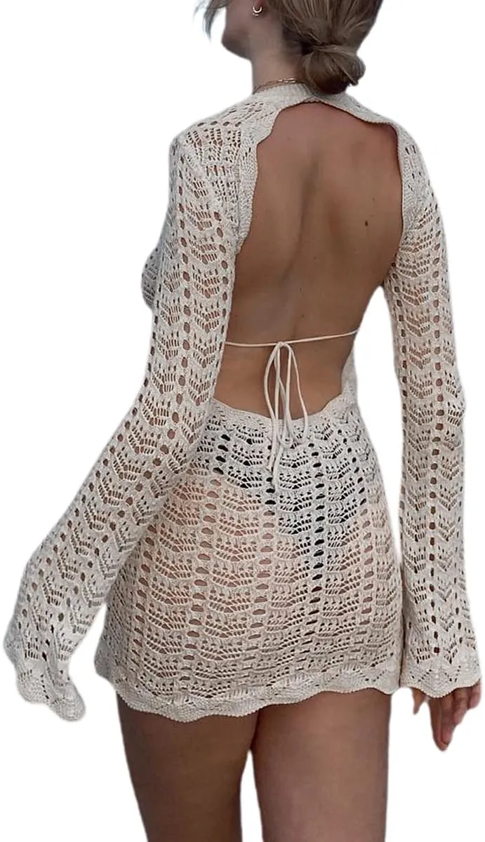 Women Knit Y2K Short Dress Crochet Knit Hollow Out Backless Dresses Stripe Drawstring Tie Up Summer Beach Sundress