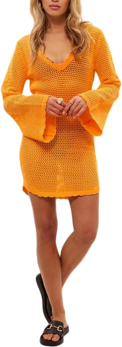 Women Knit Y2K Short Dress Crochet Knit Hollow Out Backless Dresses Stripe Drawstring Tie Up Summer Beach Sundress