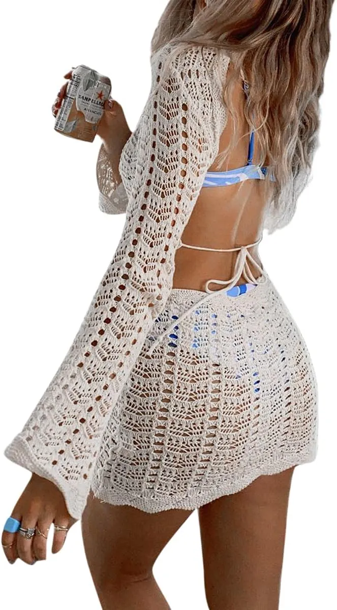 Women Knit Y2K Short Dress Crochet Knit Hollow Out Backless Dresses Stripe Drawstring Tie Up Summer Beach Sundress
