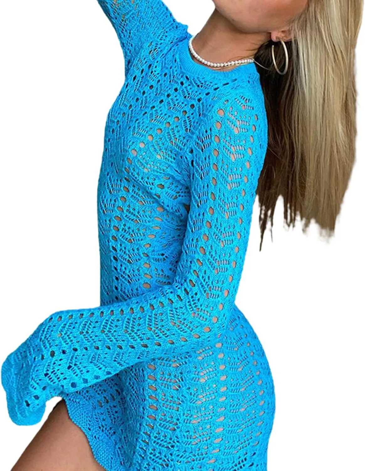 Women Knit Y2K Short Dress Crochet Knit Hollow Out Backless Dresses Stripe Drawstring Tie Up Summer Beach Sundress