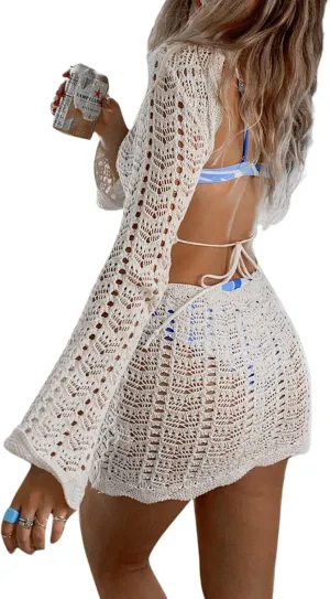 Women Knit Y2K Short Dress Crochet Knit Hollow Out Backless Dresses Stripe Drawstring Tie Up Summer Beach Sundress