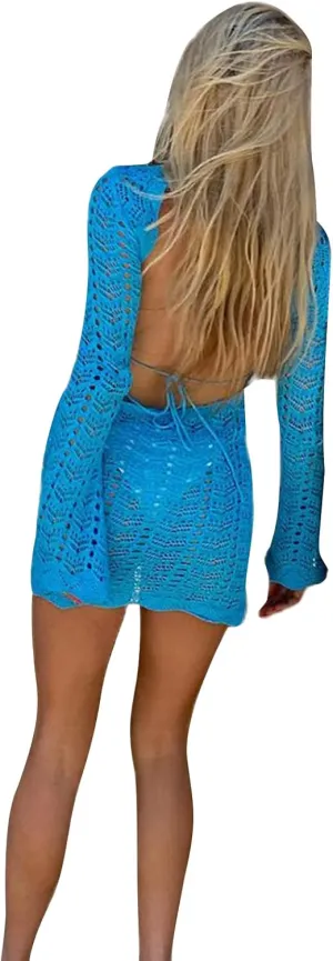 Women Knit Y2K Short Dress Crochet Knit Hollow Out Backless Dresses Stripe Drawstring Tie Up Summer Beach Sundress