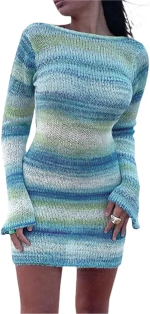 Women Knit Y2K Short Dress Crochet Knit Hollow Out Backless Dresses Stripe Drawstring Tie Up Summer Beach Sundress