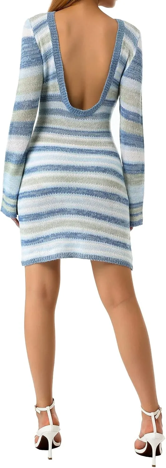 Women Knit Y2K Short Dress Crochet Knit Hollow Out Backless Dresses Stripe Drawstring Tie Up Summer Beach Sundress