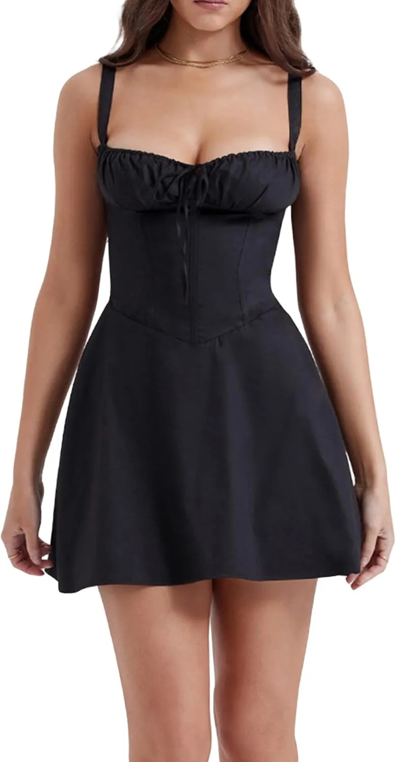 Women Lace Mini Dresses Low Cut Backless Short Dress Spaghetti Strap A Line Bodycon Y2K Party Club Sundress