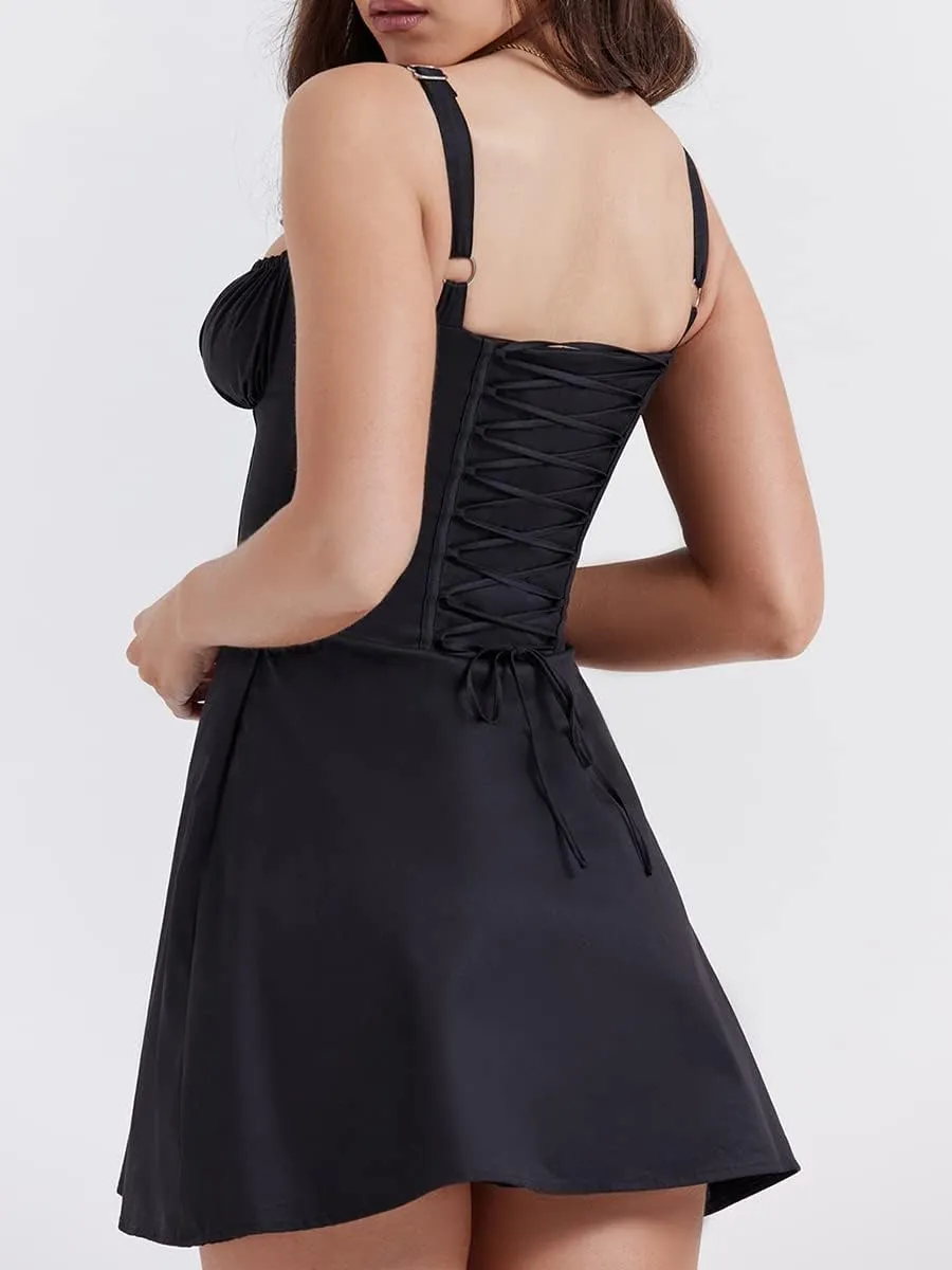 Women Lace Mini Dresses Low Cut Backless Short Dress Spaghetti Strap A Line Bodycon Y2K Party Club Sundress