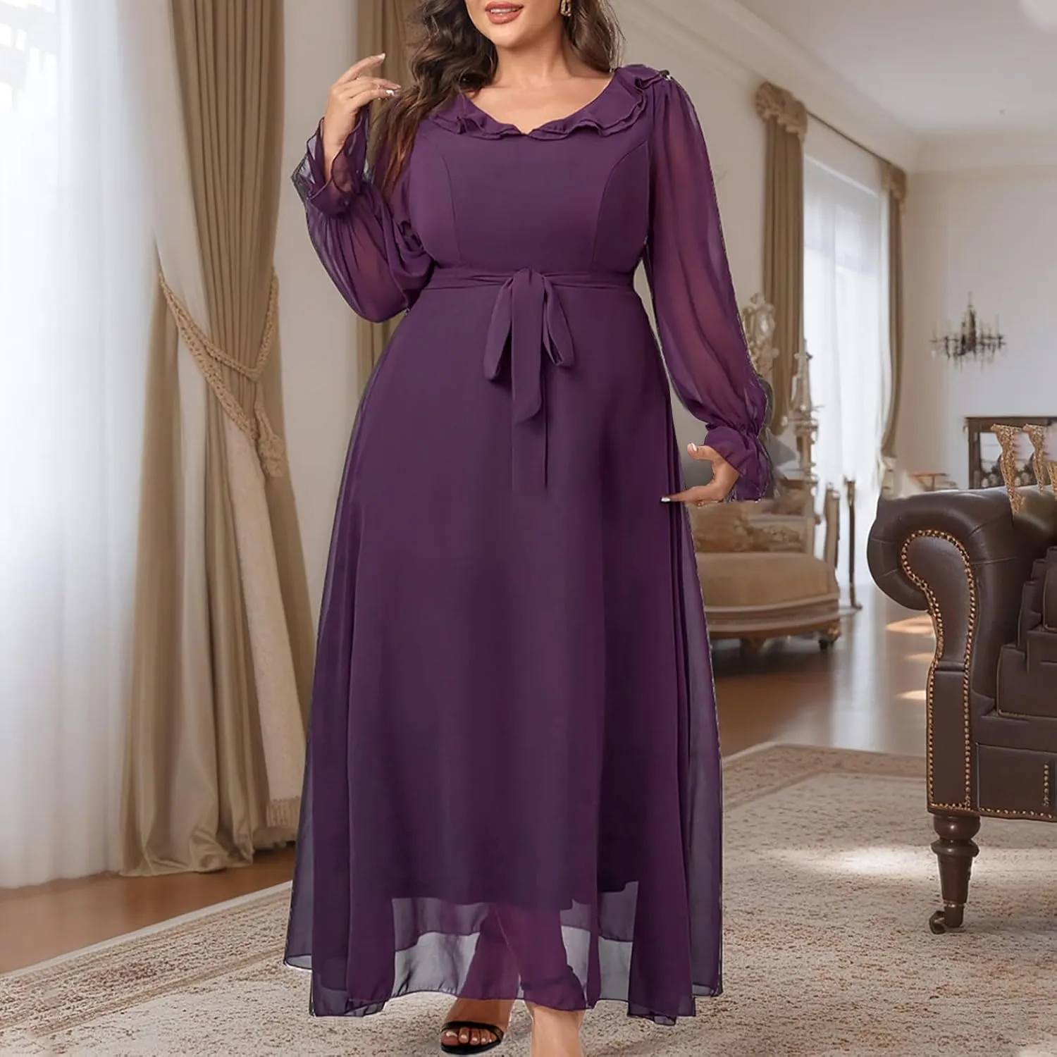 Women Plus Size Lace Cocktail Dresses Elegant Long Sleeve Flowy A Line Dress Casual Long Plain Evening Party Maxi Dress