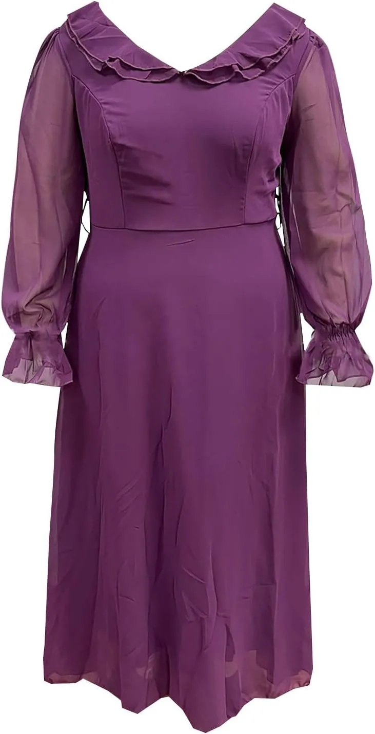Women Plus Size Lace Cocktail Dresses Elegant Long Sleeve Flowy A Line Dress Casual Long Plain Evening Party Maxi Dress