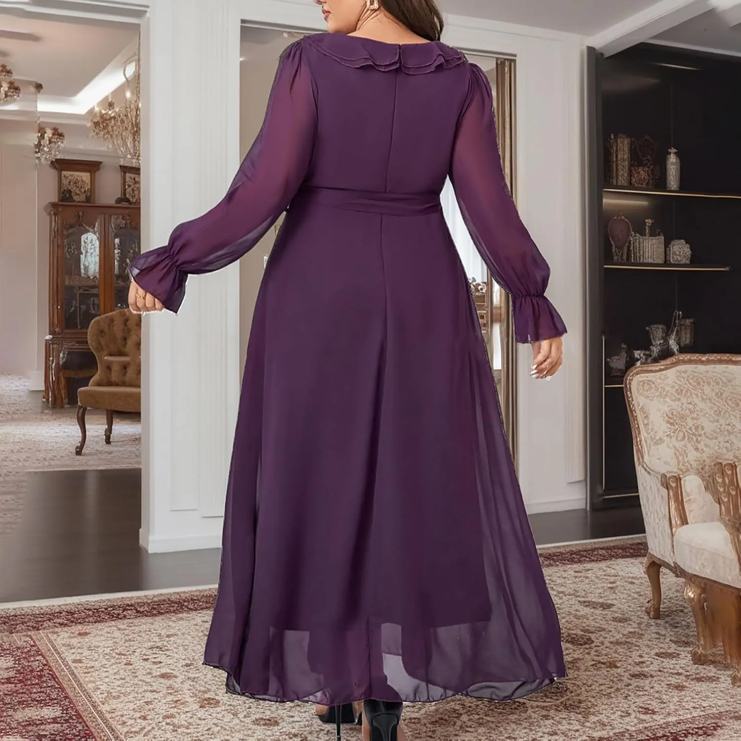 Women Plus Size Lace Cocktail Dresses Elegant Long Sleeve Flowy A Line Dress Casual Long Plain Evening Party Maxi Dress
