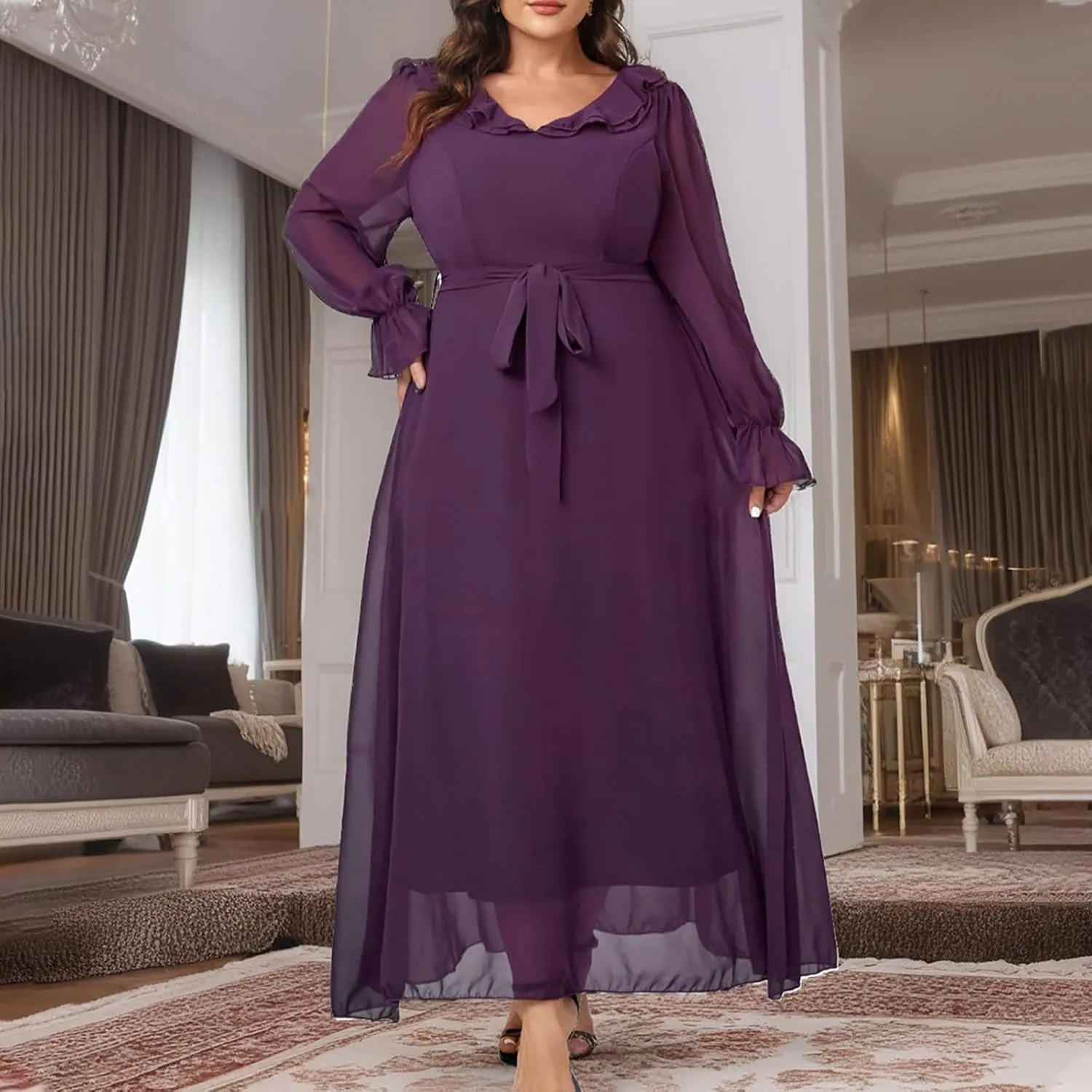 Women Plus Size Lace Cocktail Dresses Elegant Long Sleeve Flowy A Line Dress Casual Long Plain Evening Party Maxi Dress