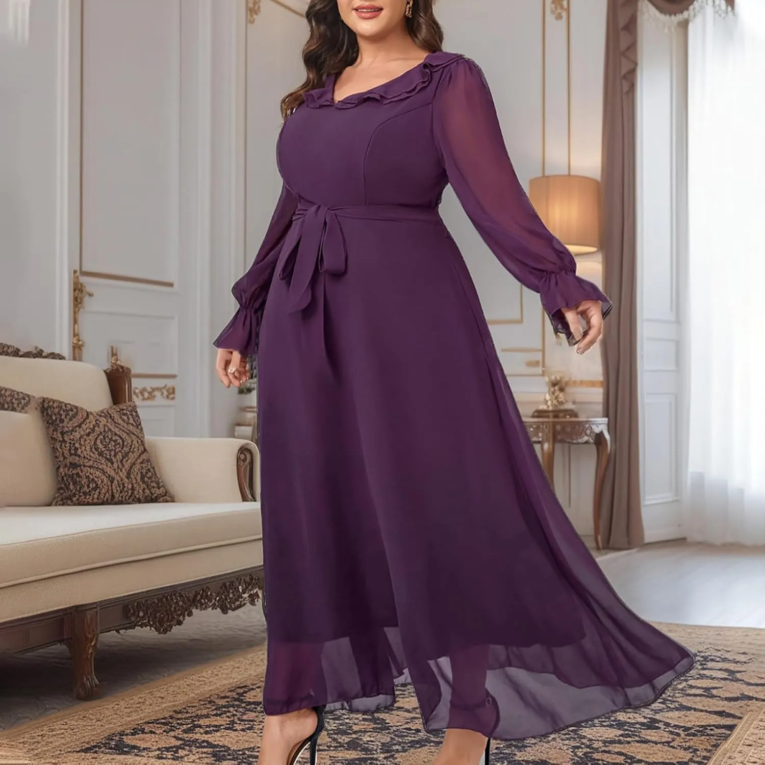 Women Plus Size Lace Cocktail Dresses Elegant Long Sleeve Flowy A Line Dress Casual Long Plain Evening Party Maxi Dress