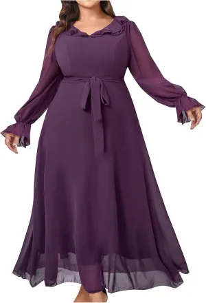 Women Plus Size Lace Cocktail Dresses Elegant Long Sleeve Flowy A Line Dress Casual Long Plain Evening Party Maxi Dress