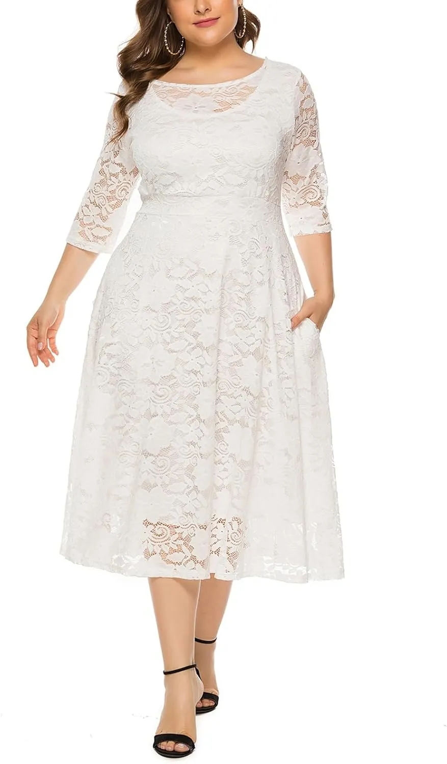 Women Plus Size Lace Cocktail Dresses Summer Round Neck Short Sleeve Wedding Guest Midi Dress with Pocket