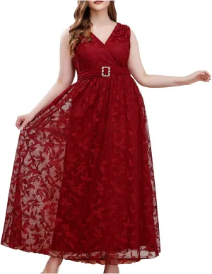 Women Plus Size Lace Cocktail Dresses Summer Wrap Round Neck Short Sleeve Flowy A Line Wedding Guest Midi Dress