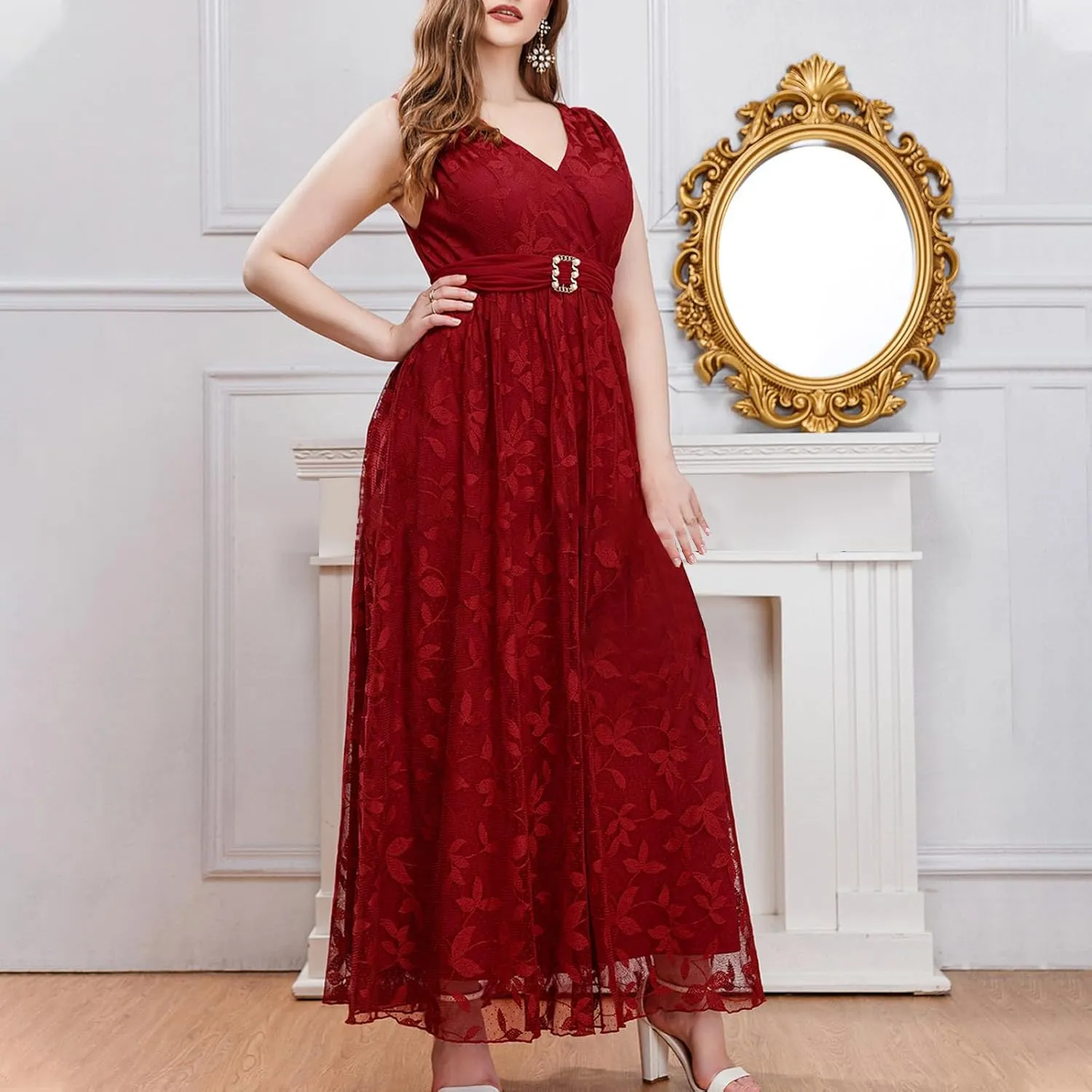 Women Plus Size Lace Cocktail Dresses Summer Wrap Round Neck Short Sleeve Flowy A Line Wedding Guest Midi Dress