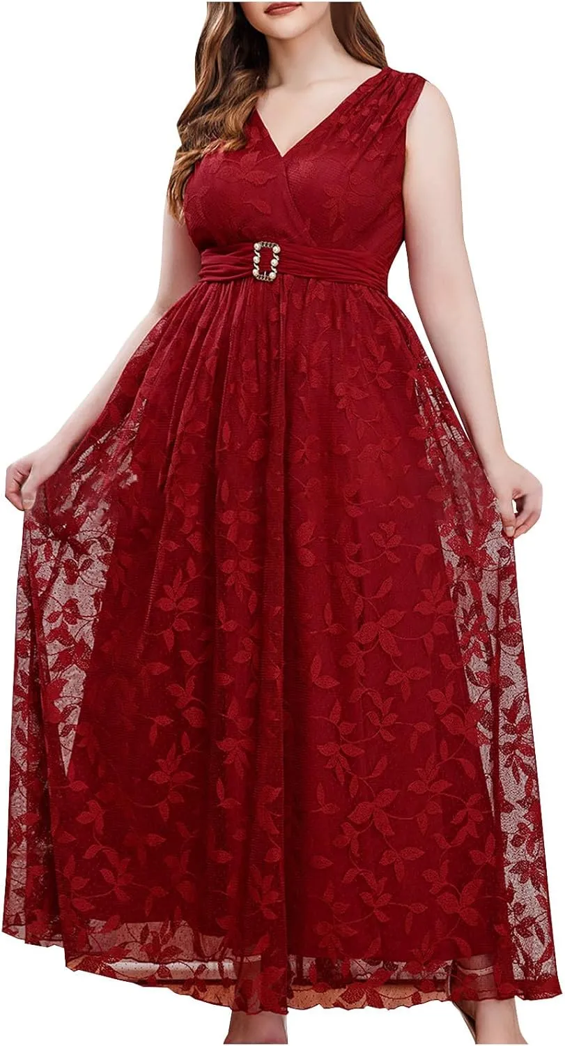 Women Plus Size Lace Cocktail Dresses Summer Wrap Round Neck Short Sleeve Flowy A Line Wedding Guest Midi Dress
