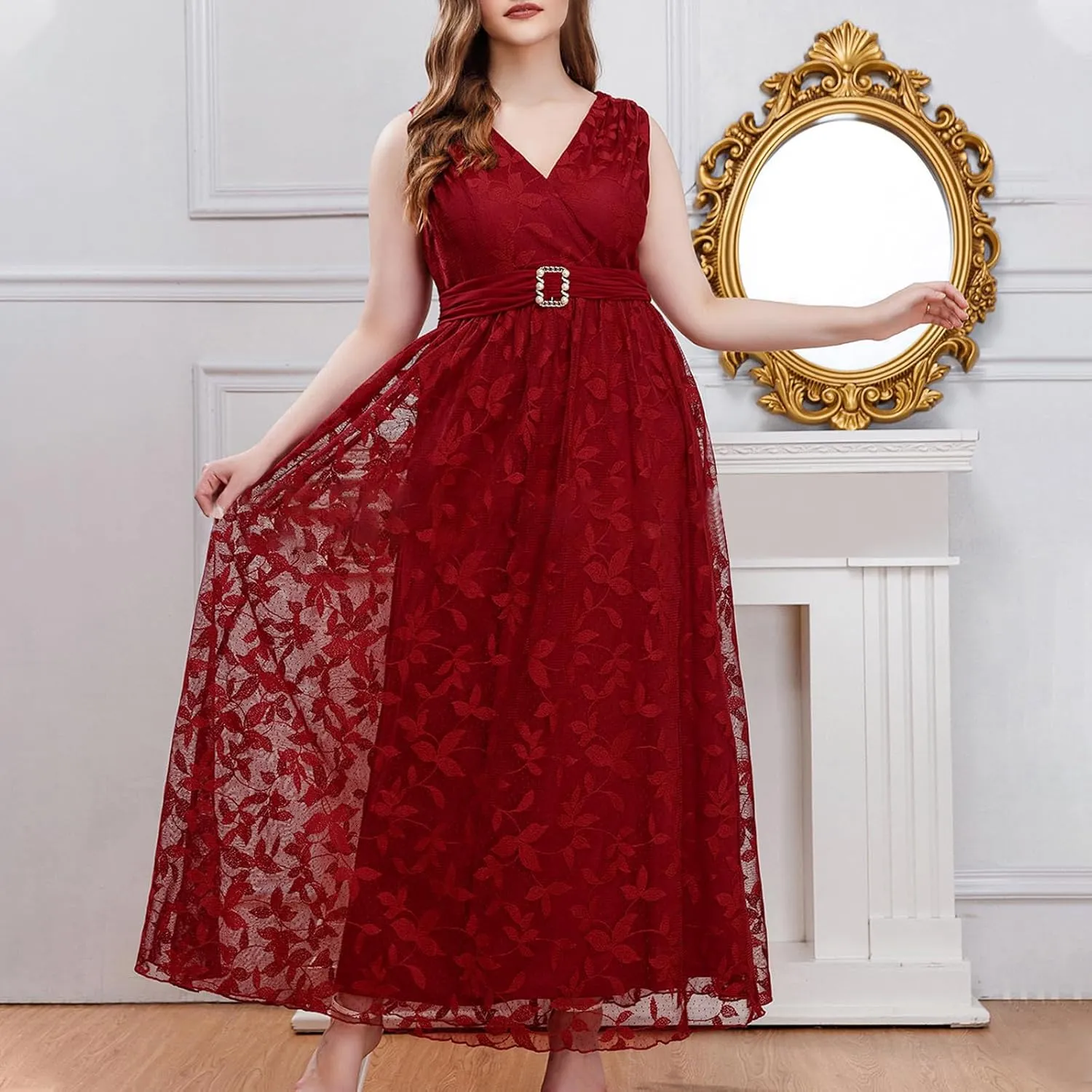 Women Plus Size Lace Cocktail Dresses Summer Wrap Round Neck Short Sleeve Flowy A Line Wedding Guest Midi Dress