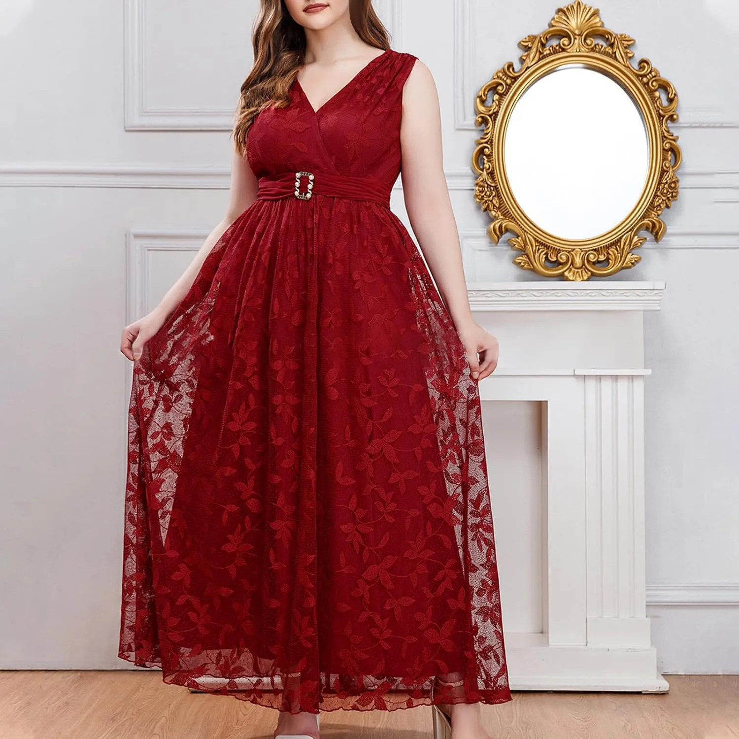 Women Plus Size Lace Cocktail Dresses Summer Wrap Round Neck Short Sleeve Flowy A Line Wedding Guest Midi Dress