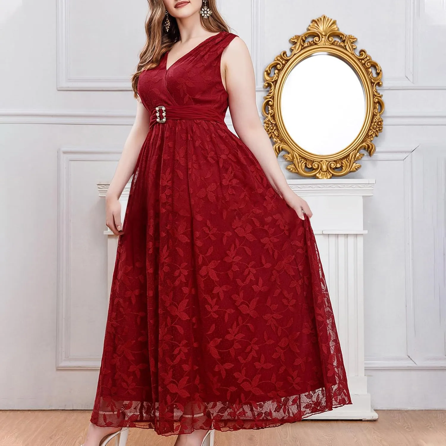 Women Plus Size Lace Cocktail Dresses Summer Wrap Round Neck Short Sleeve Flowy A Line Wedding Guest Midi Dress