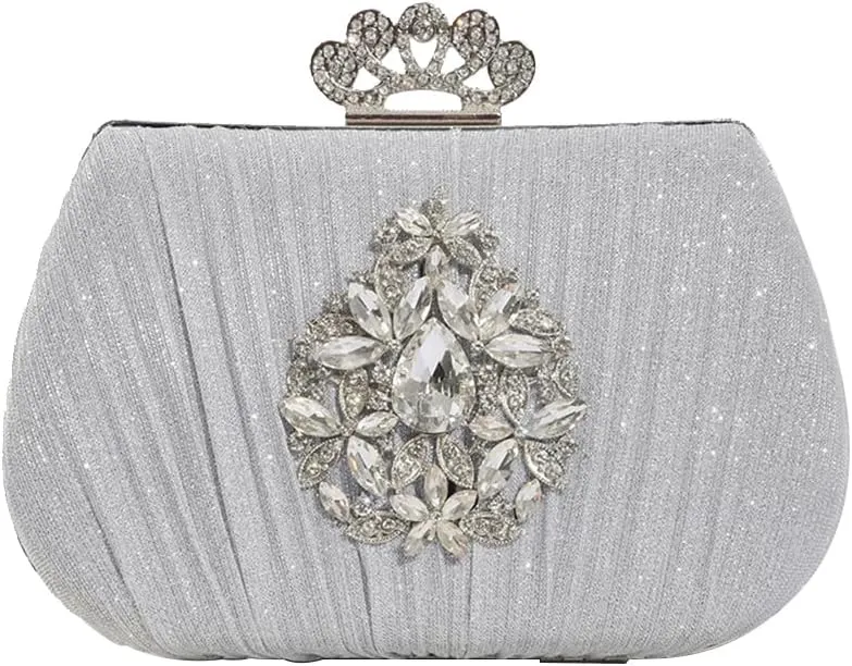 Women Rhinestone Evening Bag Sequin Pleated Clutch Bag Bridal Wedding Purse Crystal Handbag Elegant Shoulder Bag