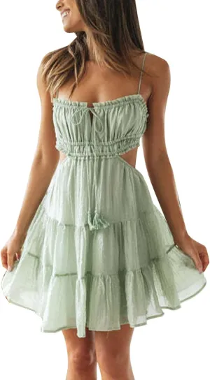 Women Spaghetti Strap Cut Out Mini Sundress Backless Cottagecore Casual Flowy Short Beach 2024 Summer Dresses