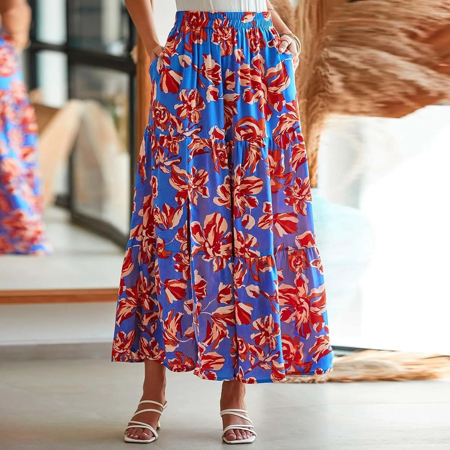 Women Spring Summer Boho Maxi Skirt Floral Print Side Slit Long Skirts High Waist Flowy Split A Line Maxi Skirt