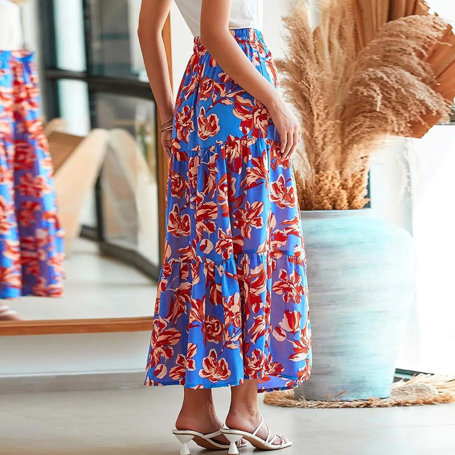 Women Spring Summer Boho Maxi Skirt Floral Print Side Slit Long Skirts High Waist Flowy Split A Line Maxi Skirt