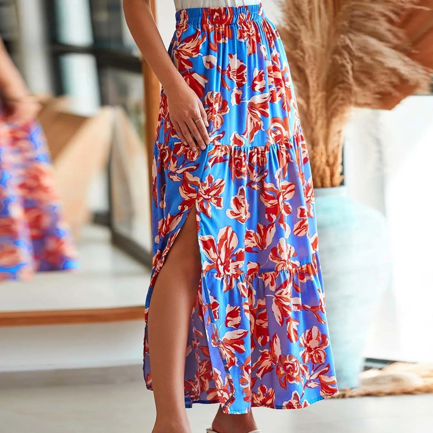 Women Spring Summer Boho Maxi Skirt Floral Print Side Slit Long Skirts High Waist Flowy Split A Line Maxi Skirt