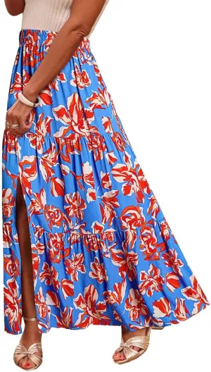 Women Spring Summer Boho Maxi Skirt Floral Print Side Slit Long Skirts High Waist Flowy Split A Line Maxi Skirt