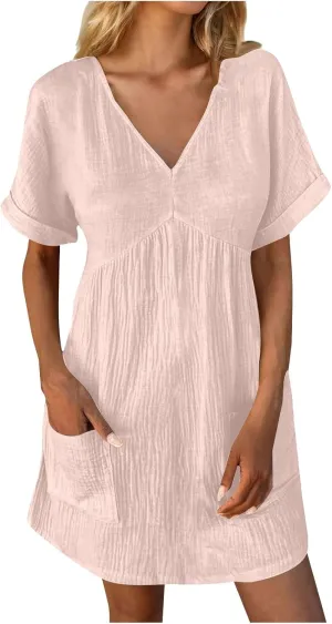 Women Summer Casual T Shirt Dress Short Sleeve V Neck Sundress 2025 Textured Solid Mini Beach Dresses with Pockets