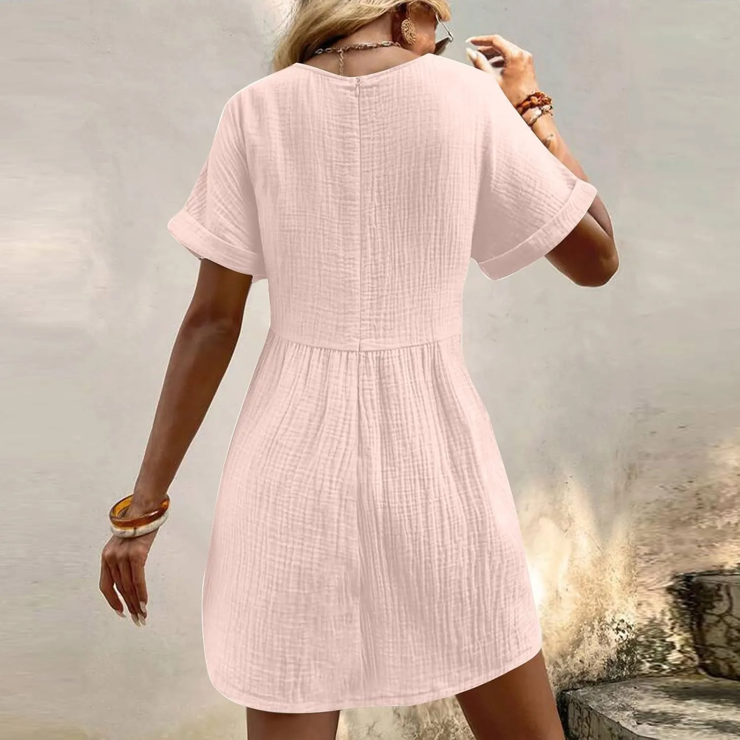 Women Summer Casual T Shirt Dress Short Sleeve V Neck Sundress 2025 Textured Solid Mini Beach Dresses with Pockets