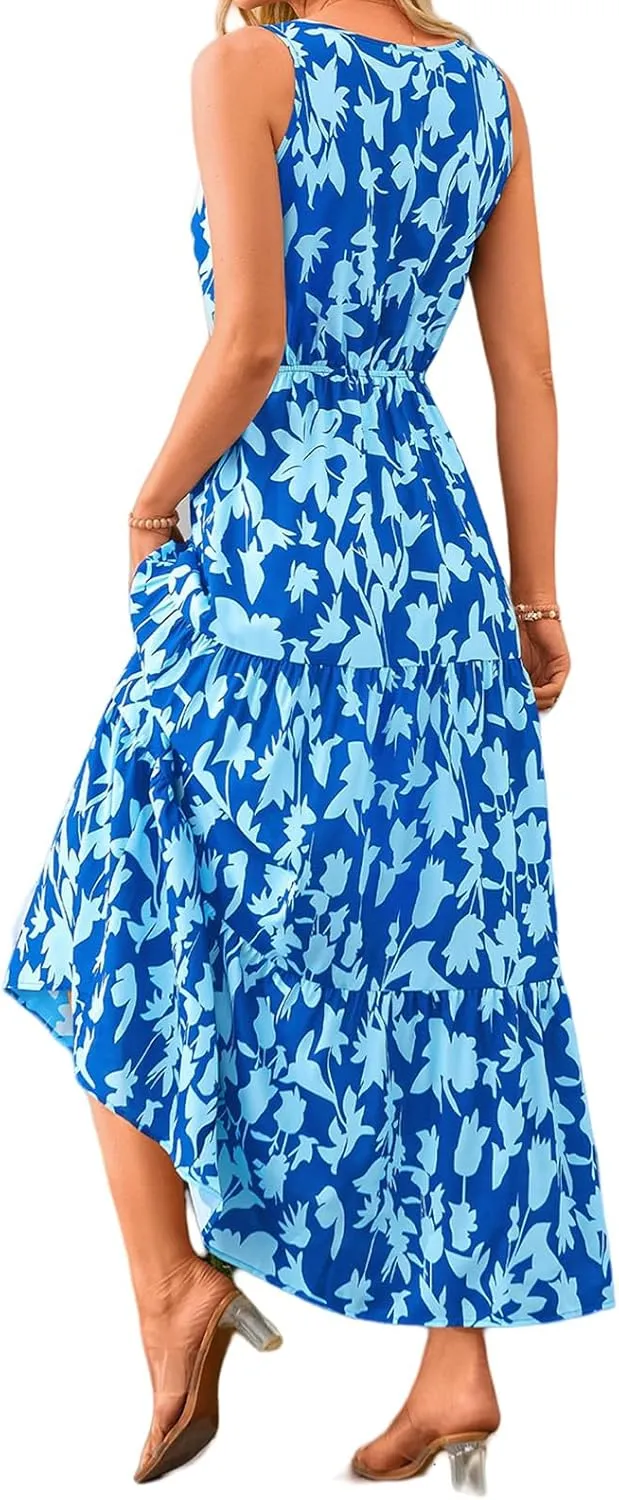 Women Summer Dresses Casual Sleeveless Maxi Dresses V Neck Ruffle Flowy Boho Dresses Beach Sundress Floral Long Dress