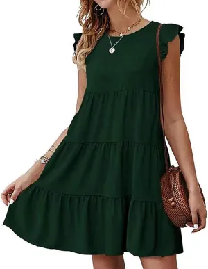 Women Summer Dresses Sleeveless Ruffle Sleeve Swing Dress Round Neck Loose Mini Sundress Flowy Pleated Babydoll Dress
