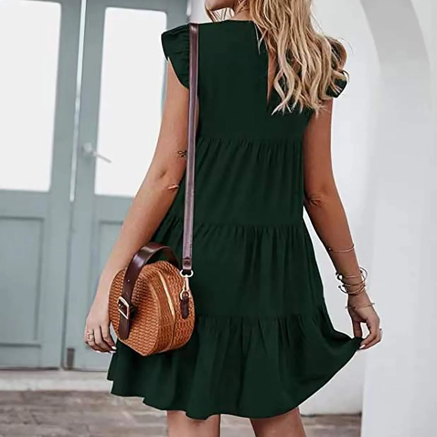 Women Summer Dresses Sleeveless Ruffle Sleeve Swing Dress Round Neck Loose Mini Sundress Flowy Pleated Babydoll Dress