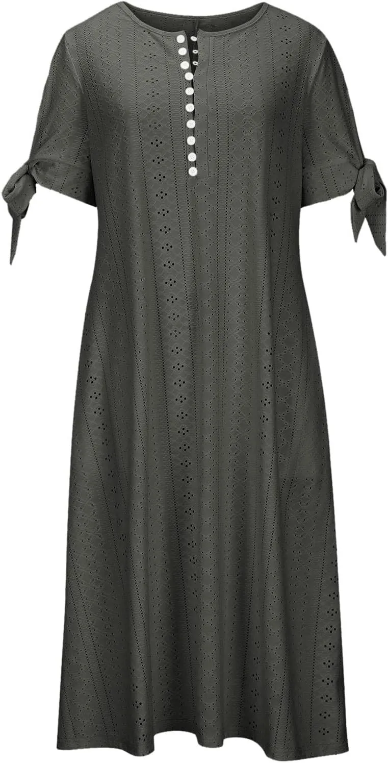 Women Summer Ruffle Hem Floral Lace Eyelet Dress Casual Notch Neck Midi Tunic Dress with Pocket A Line Casual Sundress