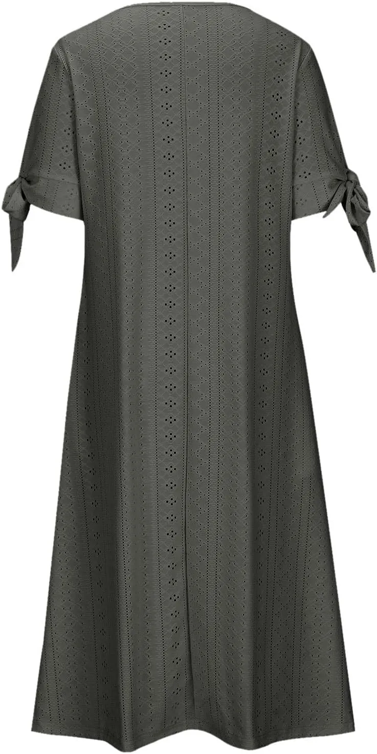 Women Summer Ruffle Hem Floral Lace Eyelet Dress Casual Notch Neck Midi Tunic Dress with Pocket A Line Casual Sundress