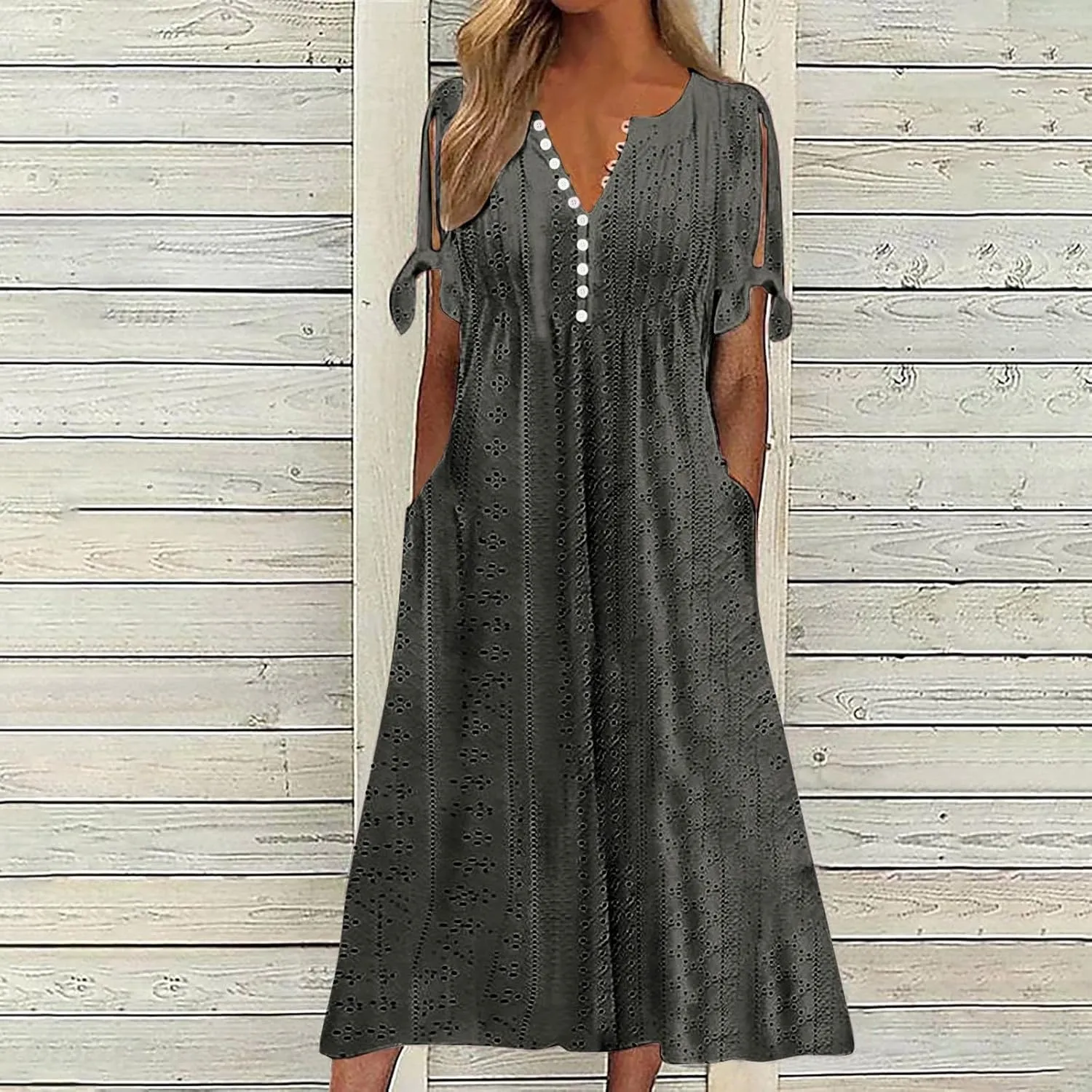 Women Summer Ruffle Hem Floral Lace Eyelet Dress Casual Notch Neck Midi Tunic Dress with Pocket A Line Casual Sundress